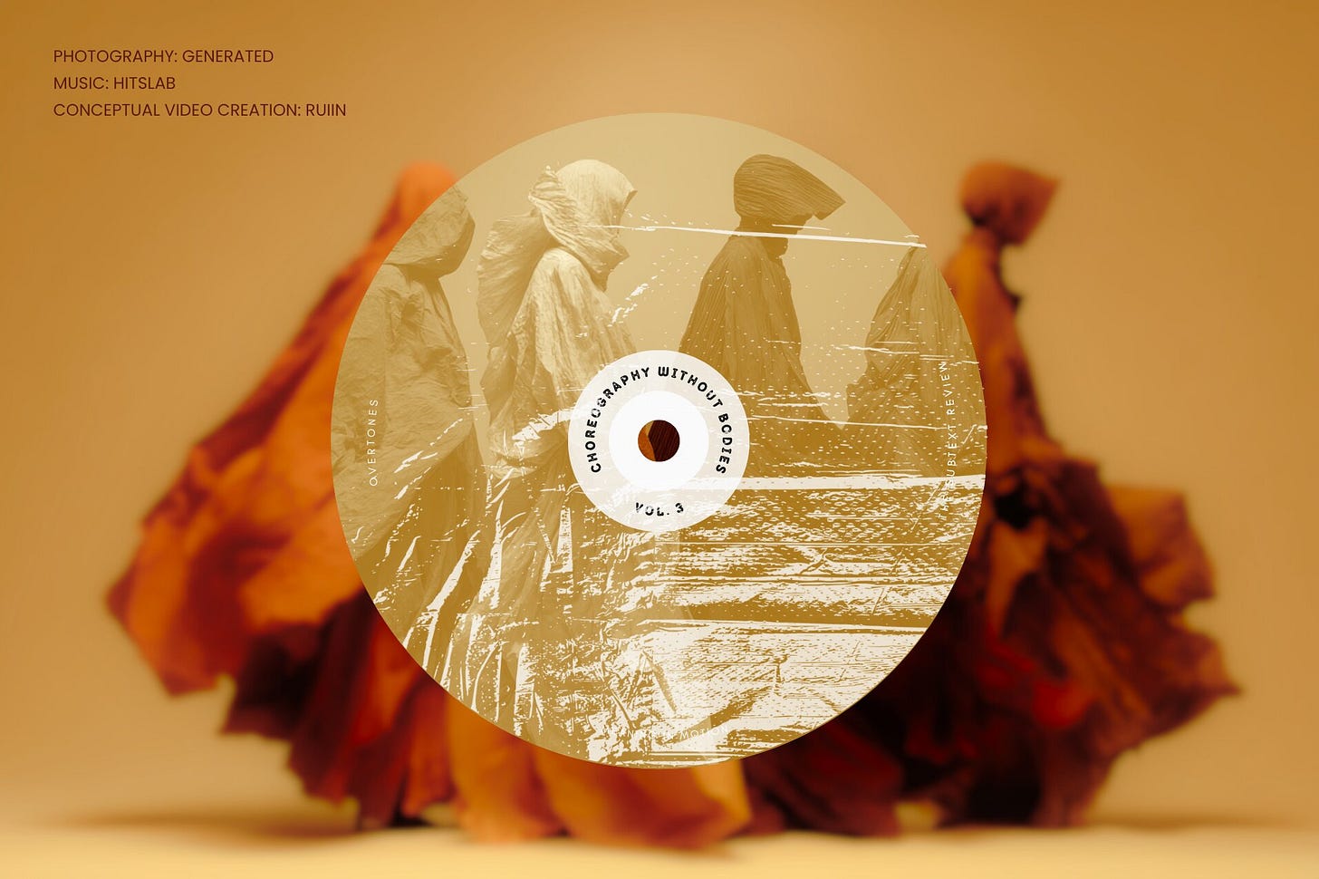 Cover image featuring a textured compact disc graphic tinted ochre gold with the text "Choreography Without Bodies, Vol. 3." The disc overlays a desaturated photograph of draped, moving figures. In the upper-left corner, the metadata text reads: "PHOTOGRAPHY: Generated, MUSIC: HitsLab, CONCEPTUAL VIDEO CREATION: RUIIN." Part of the Overtones series at The Subtext Review.