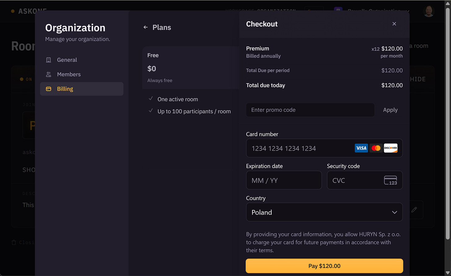 Real Stripe checkout for the AskOne Premium plan, $20 per month Real Stripe checkout for the AskOne Premium plan, $20 per month