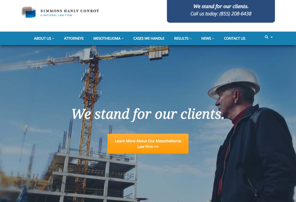 Home page view of simmonsfirm.com, the website of law firm Simmons Hanly Conroy. Editwright provided copyediting and proofreading for the redesign of this website.