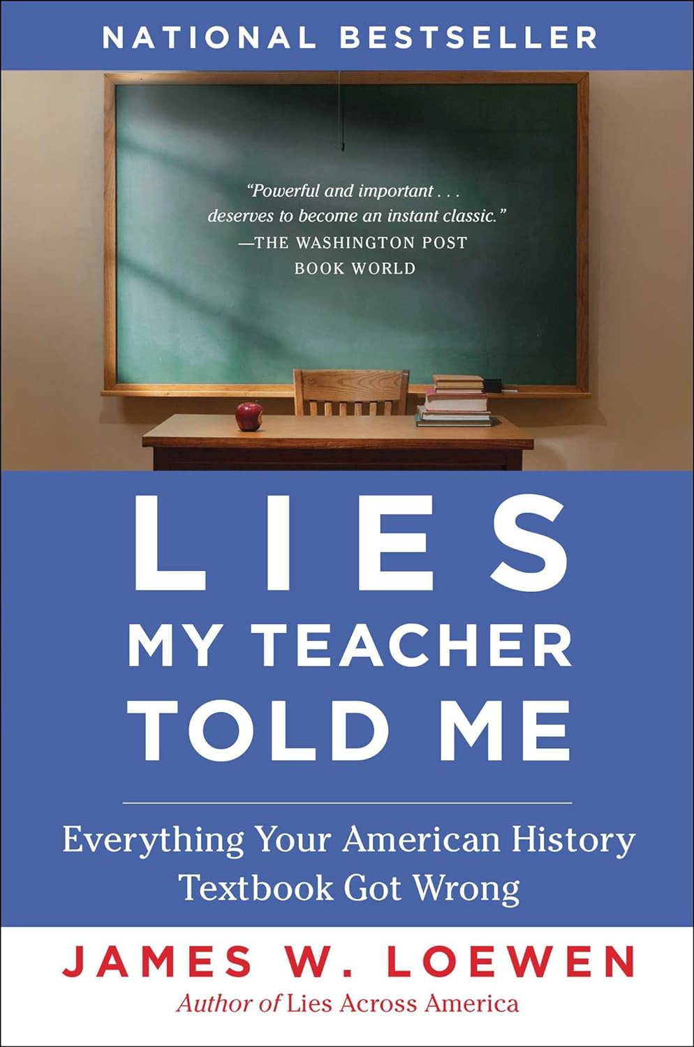 Book cover showing a small desk and wooden chair is front of a chalkboard with teh title in large letters below: Lies My Teacher Told Me: Everything Your American History Textbook Got Wrong