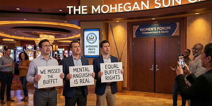 A satirical photo set inside the Mohegan Sun casino. Three men in business attire stand fake-crying theatrically, holding handwritten protest signs that read: “WE MISSED THE BUFFET,” “MENTAL ANGUISH IS REAL,” and “EQUAL BUFFET RIGHTS.” They are positioned in front of conference doors labeled “WOMEN’S FORUM.” Next to them, a digital screen shows the EEOC government seal altered with the text “AVENGING MEN’S FOMO.” Bystanders on the right laugh and film the scene with smartphones.