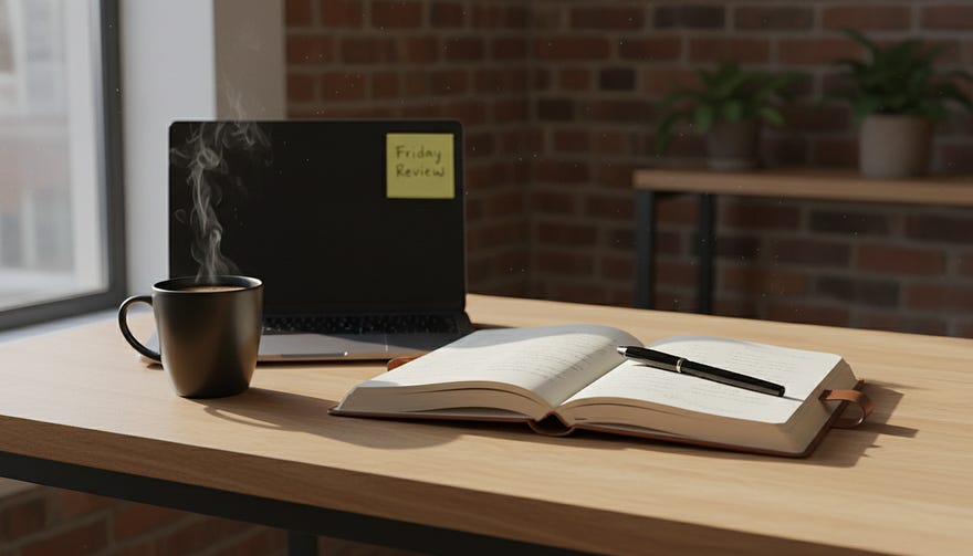 A minimalist, well-lit wooden desk showing an open, high-quality notebook with handwritten notes. A sleek black pen rests on the page. Next to the notebook is a steaming cup of black coffee and a laptop. A sticky note on the laptop bezel reads 'Friday Review'. Soft, warm afternoon sunlight streams across the desk, creating a calm, reflective atmosphere. A minimalist, well-lit wooden desk showing an open, high-quality notebook with handwritten notes. A sleek black pen rests on the page. Next to the notebook is a steaming cup of black coffee and a laptop. A sticky note on the laptop bezel reads 'Friday Review'. Soft, warm afternoon sunlight streams across the desk, creating a calm, reflective atmosphere.