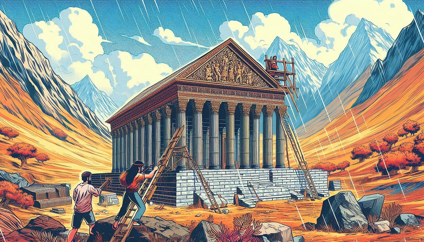 a person is building solomon's ancient temple, comic book art