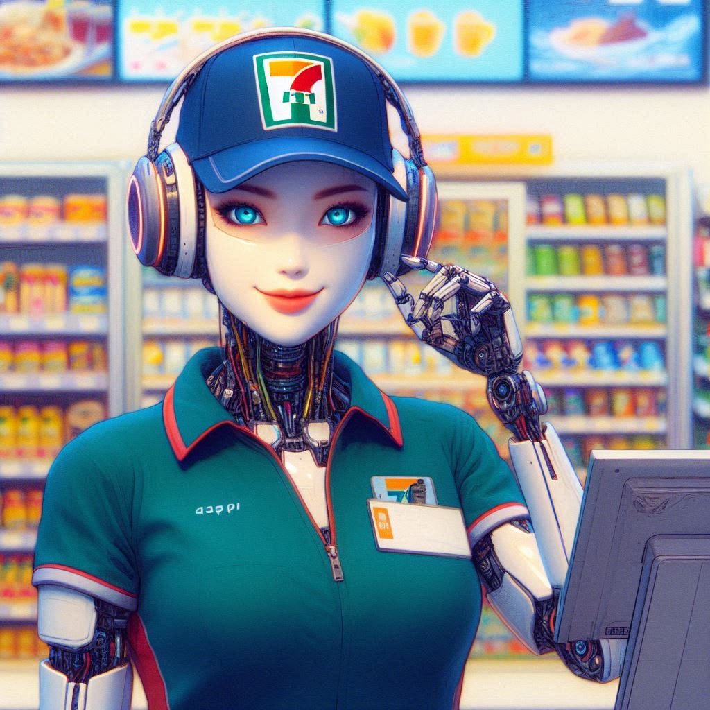 An attractive female high-tech robot works behind the counter of a convenience store and wears a baseball cap with the 7-11 logo. Slight impressionist style. An attractive female high-tech robot works behind the counter of a convenience store and wears a baseball cap with the 7-11 logo. Slight impressionist style.