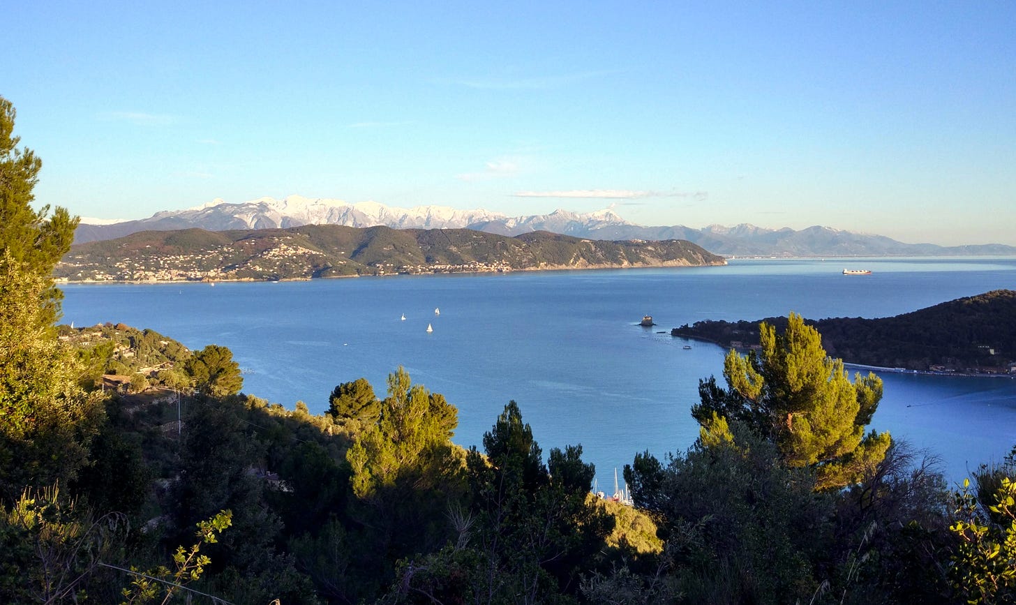 The Apuan Alps, behind the gulf of La Spezia.