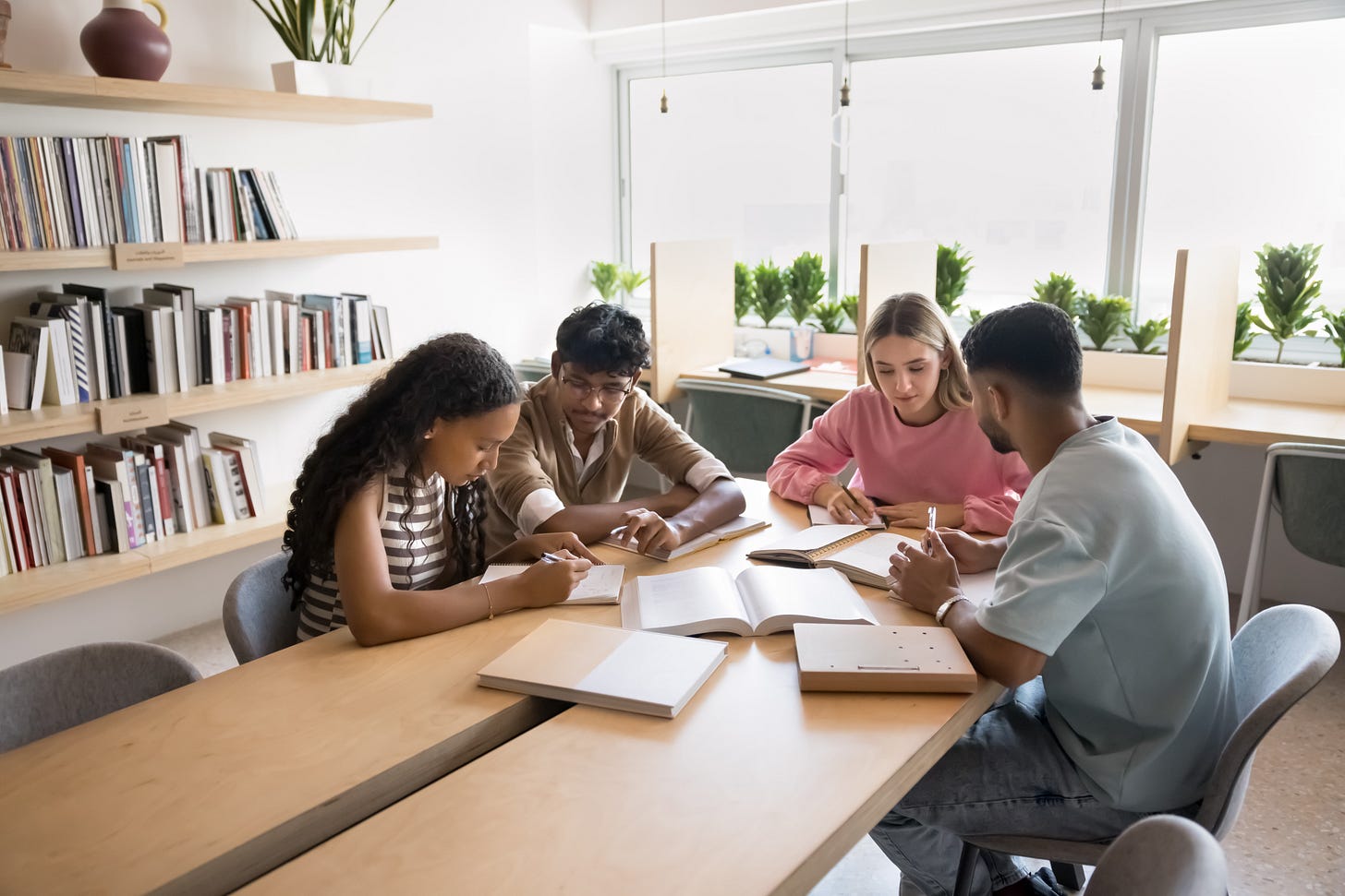 Working on group project. Diverse multiracial gen z students teammates gather at library to collaborate on scientific research study literature together take notes brainstorm ideas discuss insights