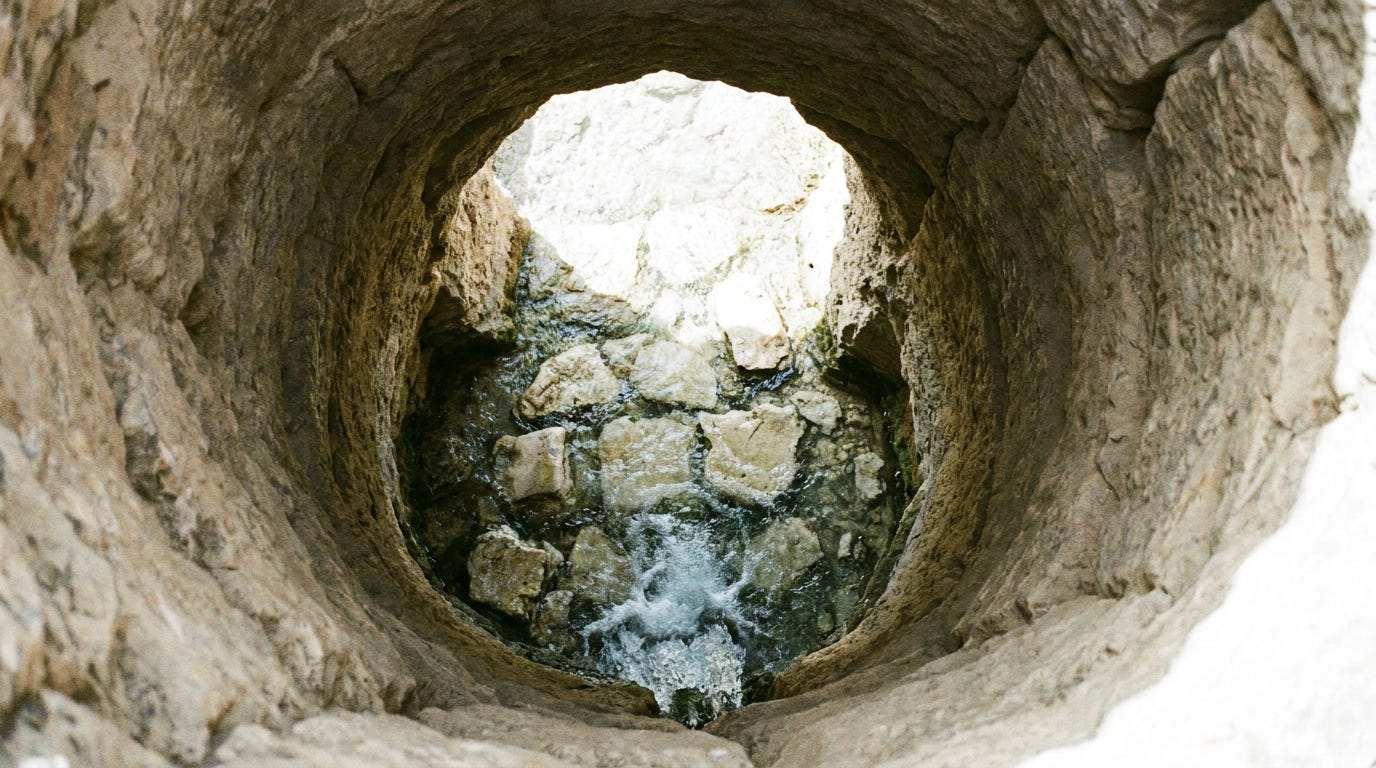 A clear spring welling up through pale stones at the bottom of a deep rock-cut well shaft, sunlight falling in from the round opening above, water moving, no people, no text A clear spring welling up through pale stones at the bottom of a deep rock-cut well shaft, sunlight falling in from the round opening above, water moving, no people, no text