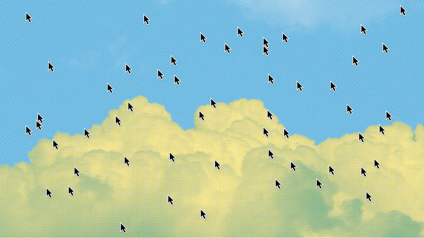 A field of black arrow cursors are scattered over an image of a blue sky above a green-ish yellow cloud. 