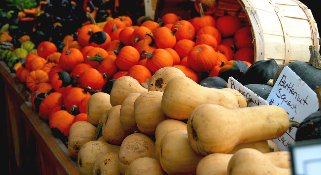 A market table with pumpkins and squashed piled on top of it