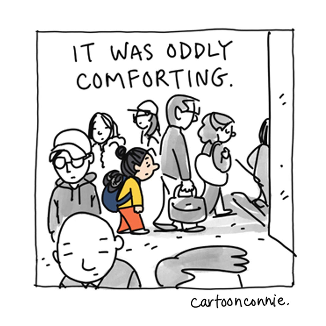 Excerpt from a 6-panel comic strip titled "Introvert in the City" by Connie Sun, cartoonconnie, 2025.  Excerpt from a 6-panel comic strip titled "Introvert in the City" by Connie Sun, cartoonconnie, 2025.