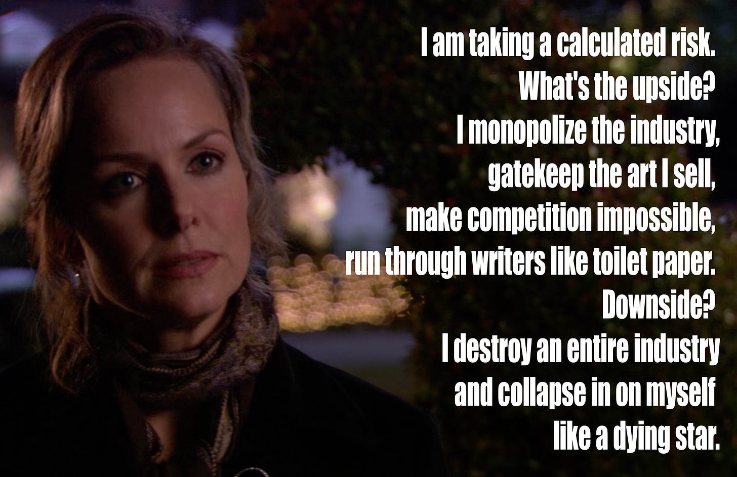 Melora Hardin as Jan Levinson in The Office, Season 3, "Cocktails." A blonde woman in a dark blazer looks off-camera with a flat, composed expression against a blurred outdoor night background. Text overlay reads: "I am taking a calculated risk. What's the upside? I monopolize the industry, gatekeep the art I sell, make competition impossible, run through writers like toilet paper. Downside? I destroy an entire industry and collapse in on myself like a dying star."