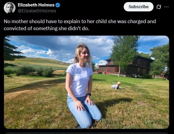 Elizabeth Holmes tweet: "No mother should have to explain to her child she was charged and convicted of something she didn't do." Elizabeth Holmes tweet: "No mother should have to explain to her child she was charged and convicted of something she didn't do."