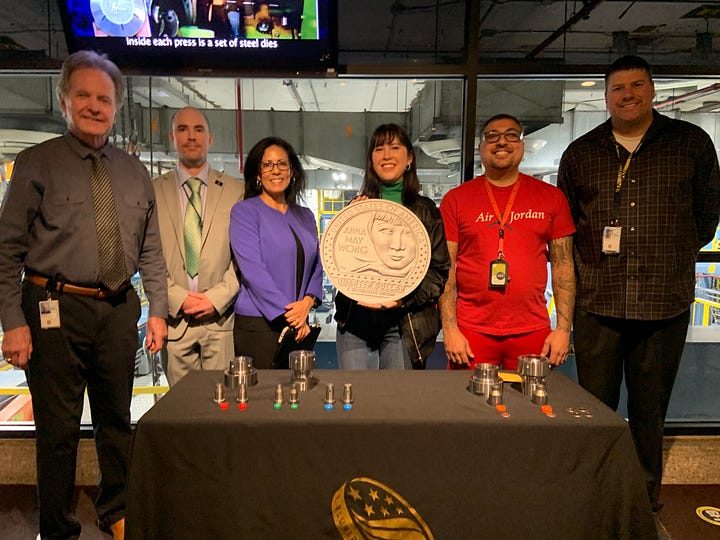 photo of the U.S. Mint in Denver and of Katie with Jennifer DeBroekert and other Mint staff