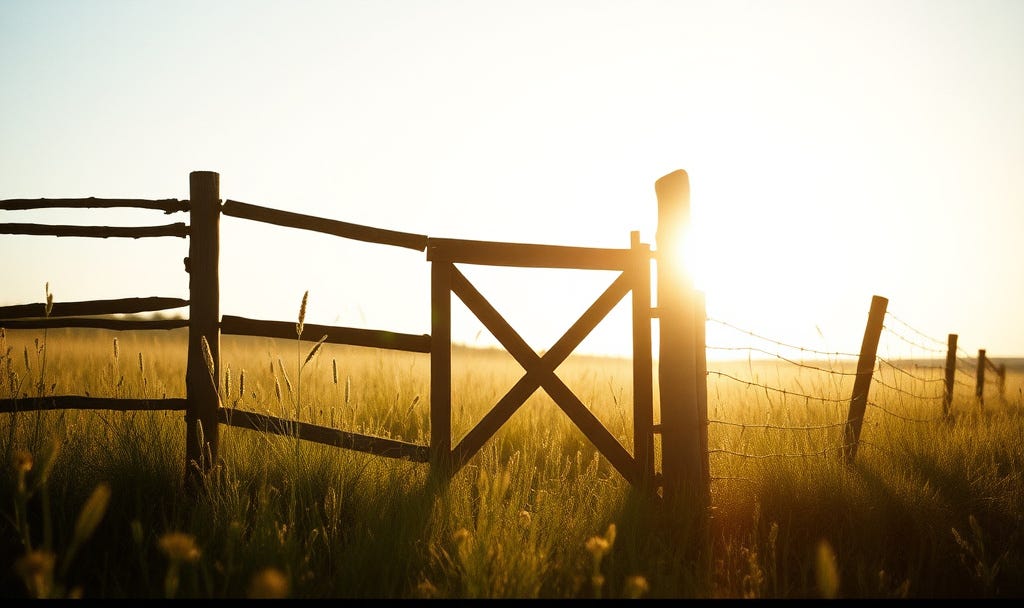 Old rustic wooden fence in a sunny meadow with wildflowers and warm golden light in analog photography style