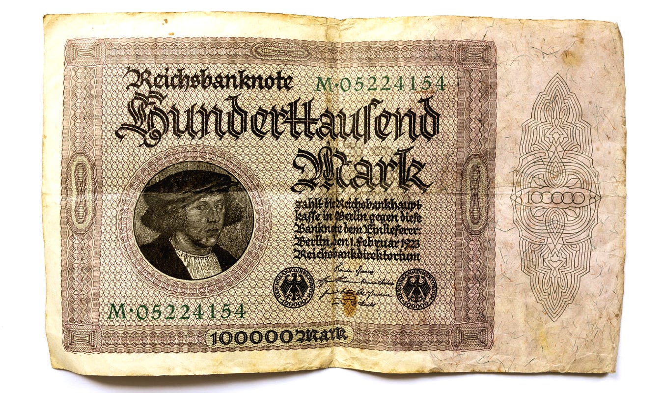 100,000 Mark bank note from 1923, the time of the Weimer Republic