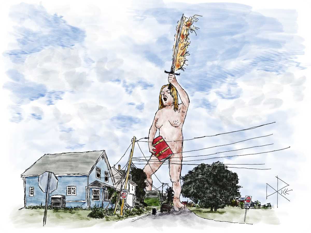 Uriel is the fictional archangel of science and wisdom, and patron of all art forms. Here she is depicted with a book and flaming sword, standing absurdly colossal over a suburban neighbourhood. Sketch art by Don Rice. Uriel is the fictional archangel of science and wisdom, and patron of all art forms. Here she is depicted with a book and flaming sword, standing absurdly colossal over a suburban neighbourhood. Sketch art by Don Rice.