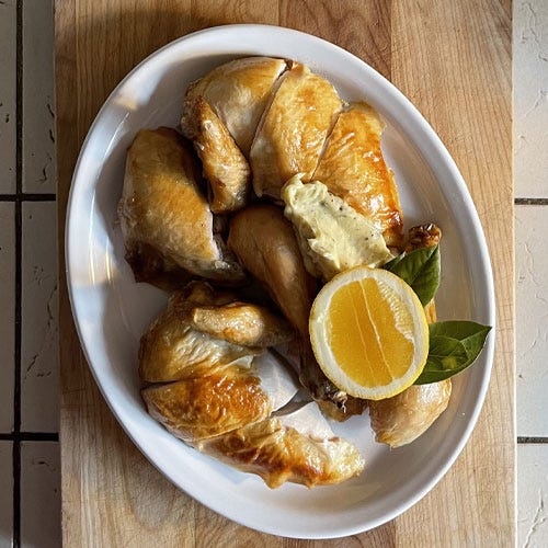 Roasted chicken and serving platter