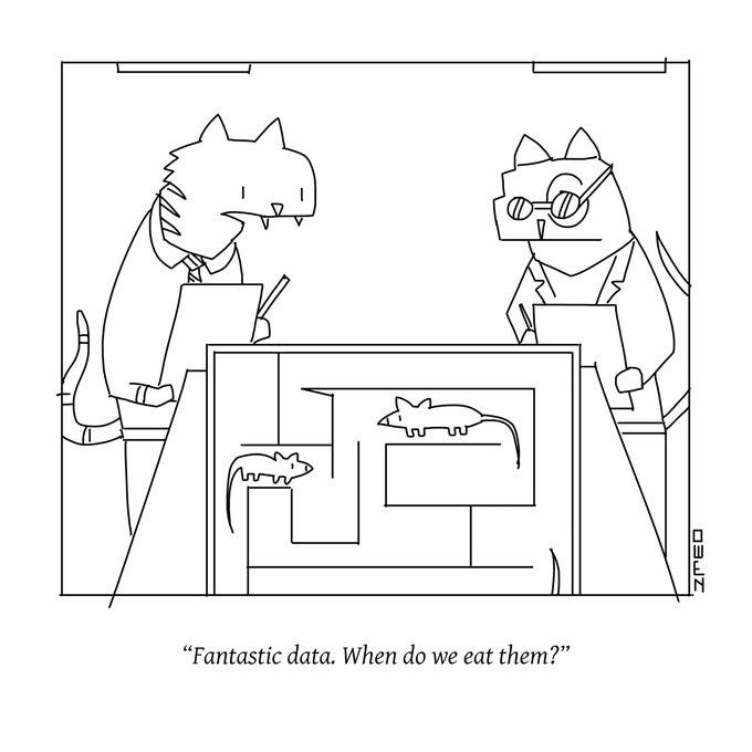 The image depicts two anthropomorphic cats in a business meeting setting, sitting at a table with papers and a maze containing two mice. One cat, wearing glasses, appears studious, while the other looks eager. The post text from owen cyclops (@owenbroadcast) references years 1972 and 1963, suggesting a humorous, timeless meme format. The caption "Fantastic data. When do we eat them?" adds a satirical twist, implying the mice are data to be consumed, blending business and predatory humor. No platform watermarks like Instagram or TikTok are present, and the line art is clear and well-executed.
