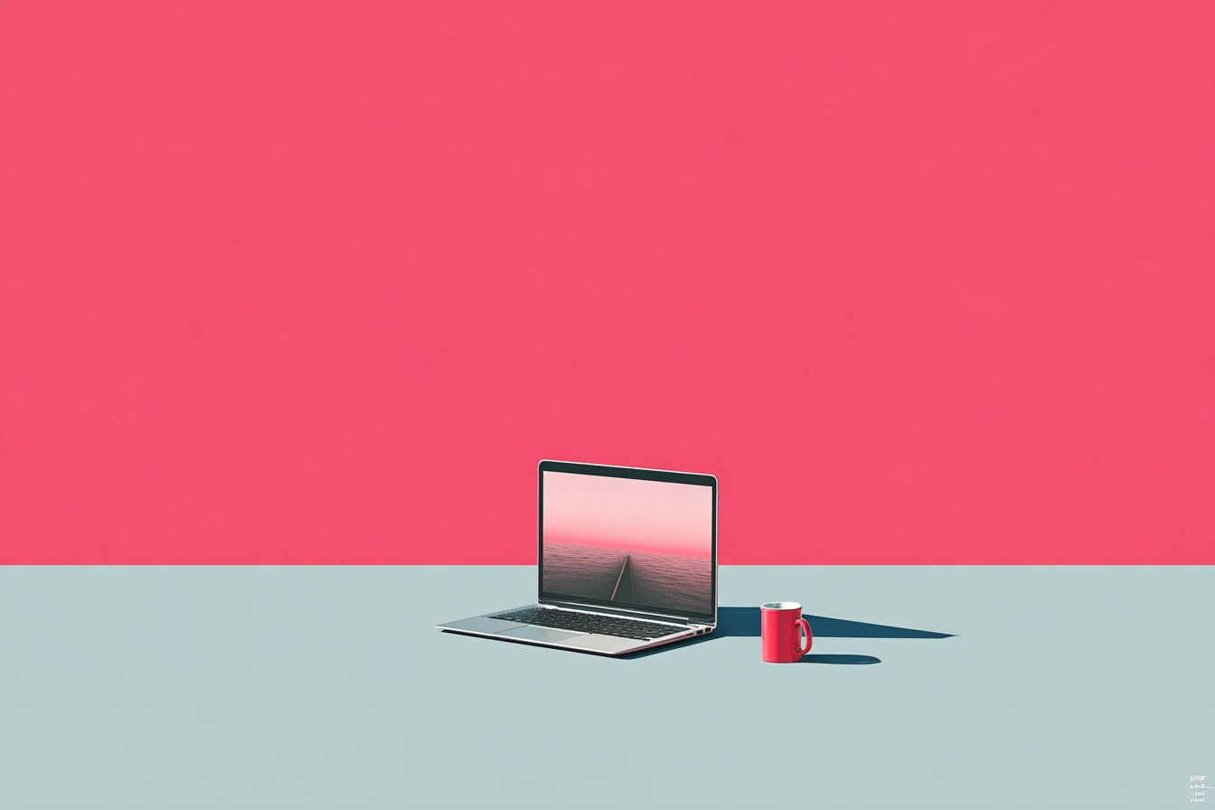 illustration of a laptop and a coffee cup on a blue desk with a red background illustration of a laptop and a coffee cup on a blue desk with a red background