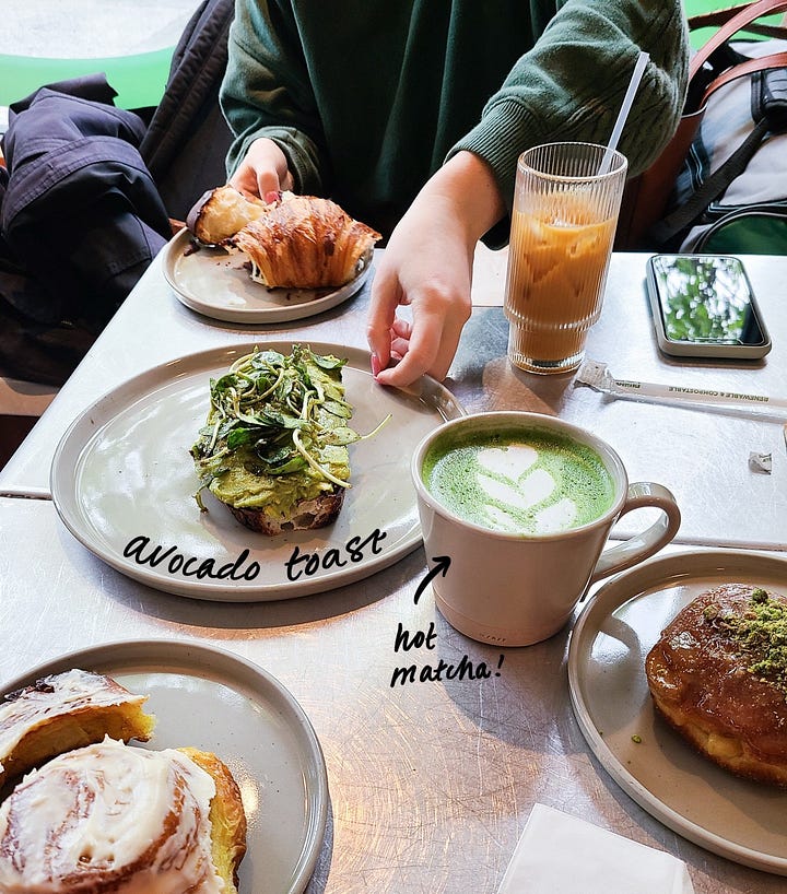Little Flower Cafe Firni Donut ooze and avocado toast, hot matcha