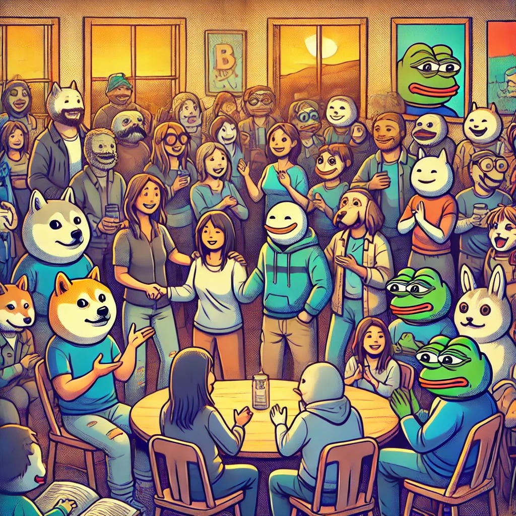 A digital illustration showing a diverse group of characters inspired by popular memecoins like Doge and Pepe gathered together, symbolizing a strong community. The characters are engaging with one another in a warm and lively setting, symbolizing support, connection, and shared purpose. The scene is cozy and inviting, with a colorful background that conveys unity and resilience. No text included.