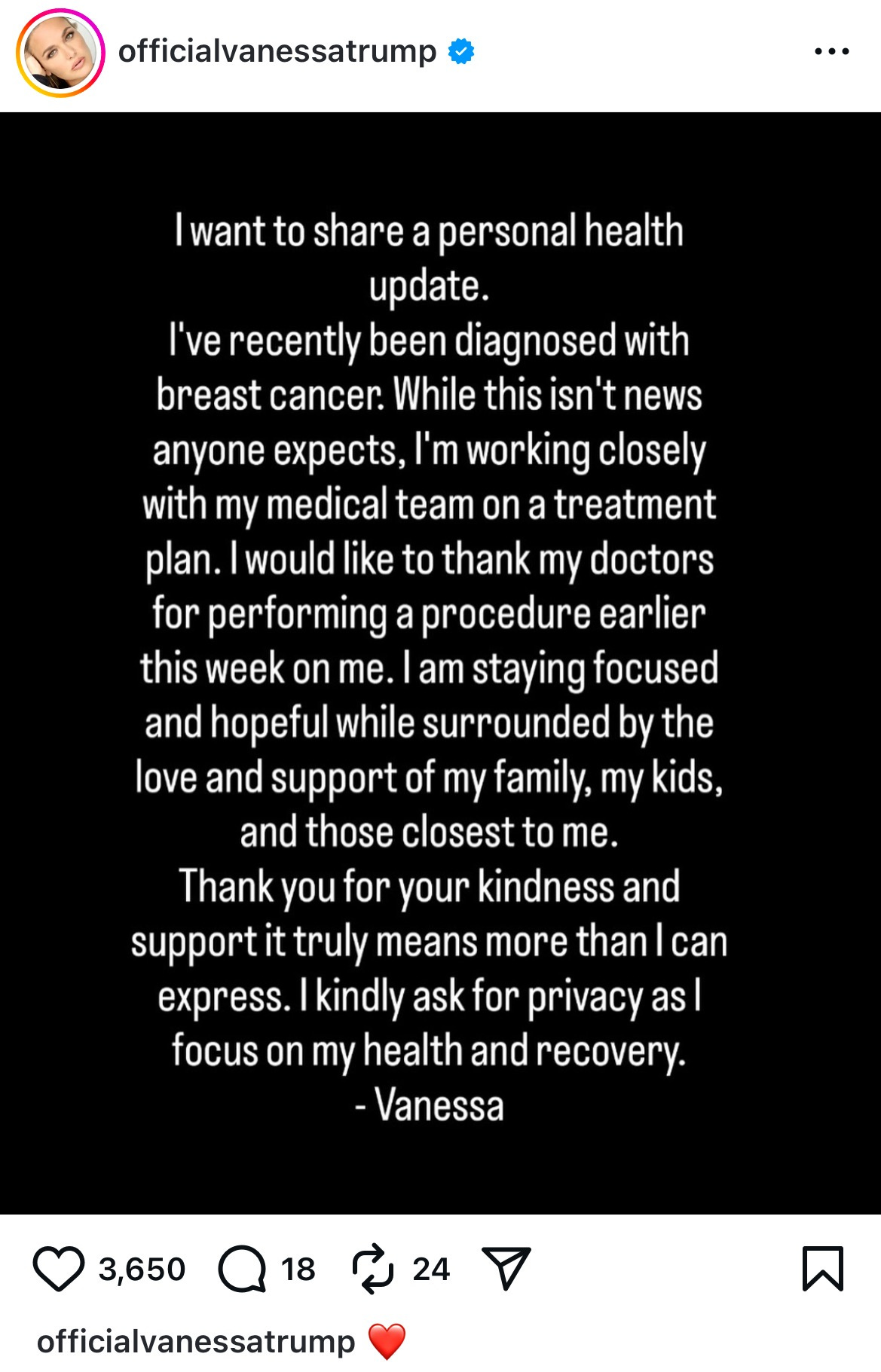 Vanessa Trump shares a personal health update about her breast cancer diagnosis and expresses gratitude for support from her medical team and loved ones. Vanessa Trump shares a personal health update about her breast cancer diagnosis and expresses gratitude for support from her medical team and loved ones.