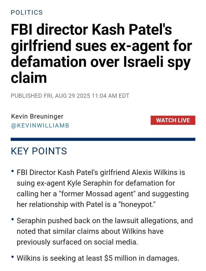 A news article screenshot with text about FBI Director Kash Patel\'s girlfriend Alexis Wilkins suing ex-agent Kyle Seraphin for defamation. The text includes headlines, publication details, and key points about the lawsuit, mentioning claims of an Israeli spy accusation and a honey pot relationship.