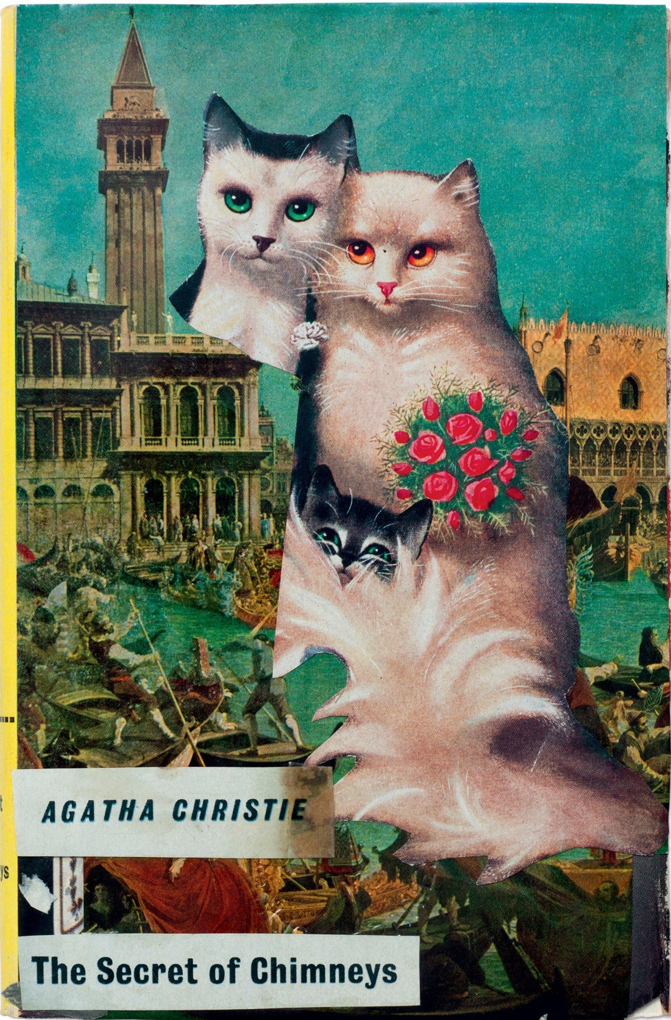 Agatha Christie, The Secret of Chimneys. Two enormous cut-out cats appear over a background of Venice