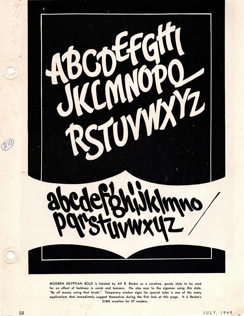 Alphabet No. 210 from Alf R. Becker's Signs of the Times series — Modern Egyptian Bold, a carefree brush-lettered style showing both upper and lowercase, printed in white on black, July 1949.