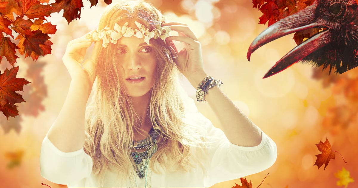 Autumn portrait of woman wearing flower crown with crow and falling leaves, symbolizing daughter, mother, and seasonal transition.