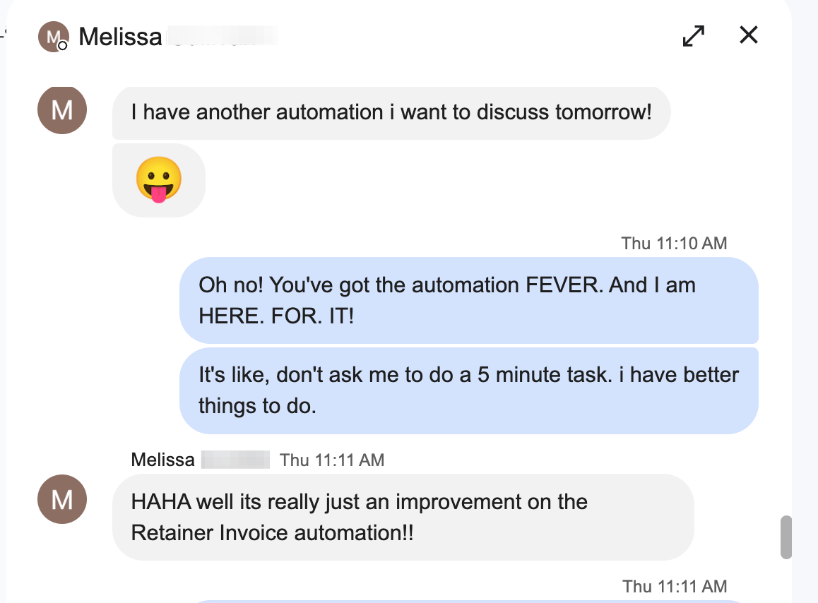 Slack conversation where team member Melissa expresses excitement about automating another task, with enthusiastic response about having 'automation fever' and wanting to eliminate 5-minute repetitive tasks