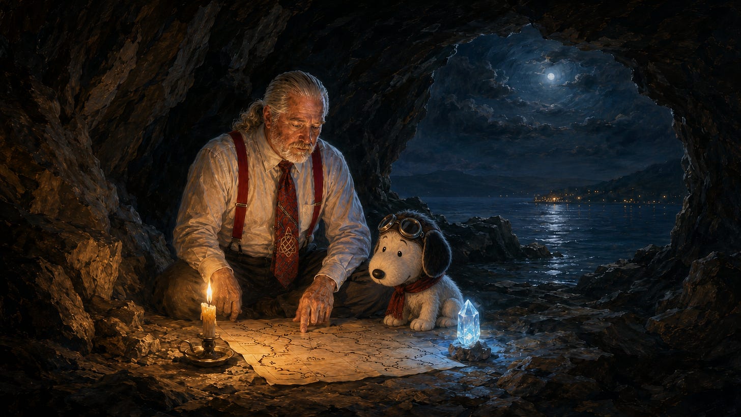 Rick Horowitz, silver-haired and bearded, kneels in a moonlit cave beside Snoopy in aviator goggles and a red scarf. A warm candle and a glowing blue crystal illuminate a hand-drawn map between them, while the cave opens toward dark water and distant lights.