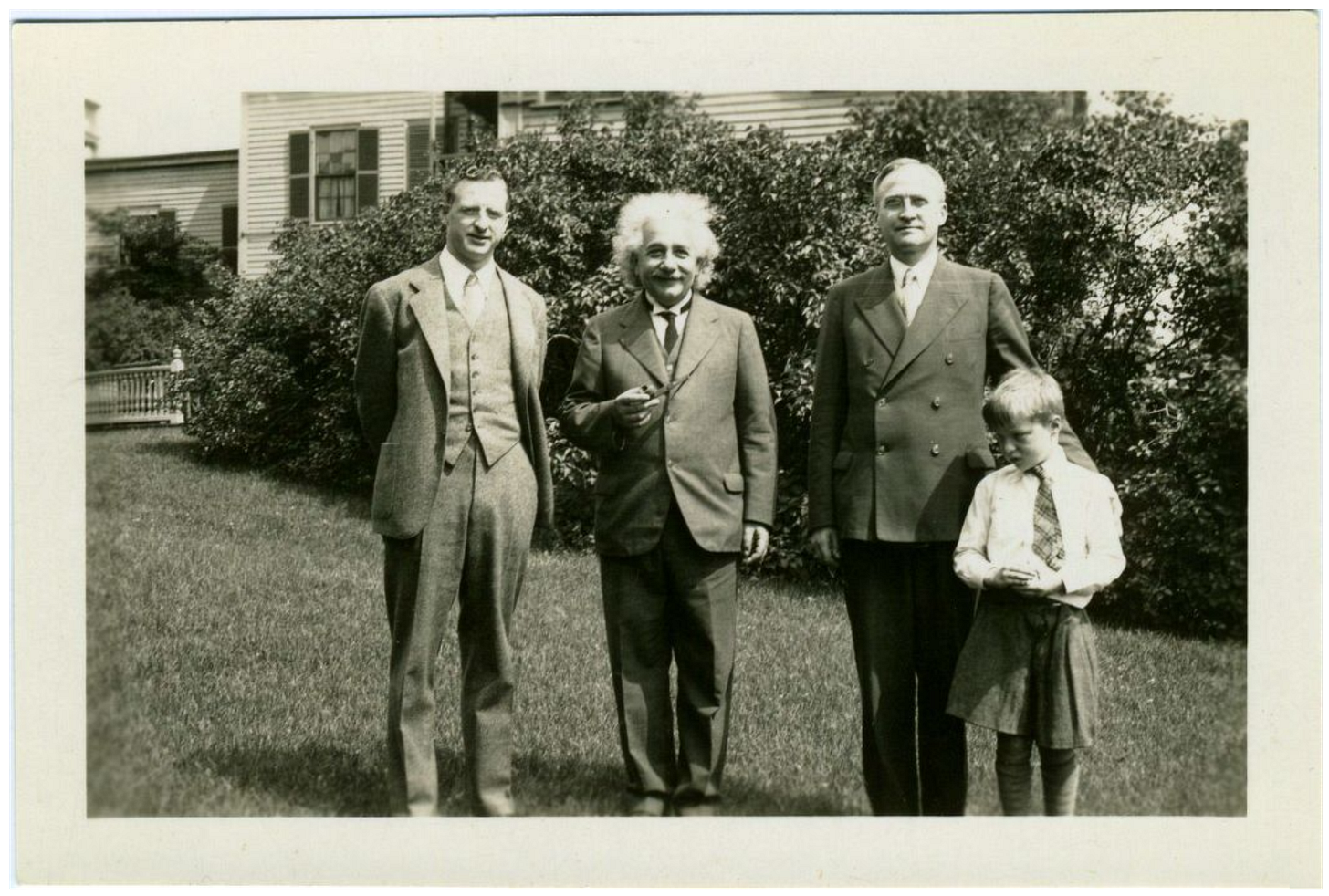 Left to right: Donald Menzel, Albert Einstein, George Birkhoff, and Carl Shapley (son of Harlow Shapley) outside Harvard College Observatory; June 21, 1935 Left to right: Donald Menzel, Albert Einstein, George Birkhoff, and Carl Shapley (son of Harlow Shapley) outside Harvard College Observatory; June 21, 1935