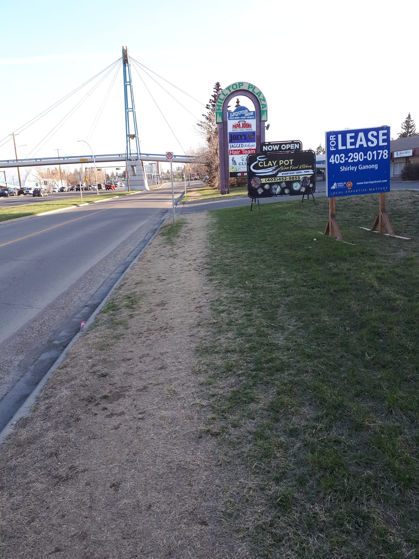 Streetscape with a road on the left and business signs on the right. A path in the grass can be seen, given there are no sidewalks here.