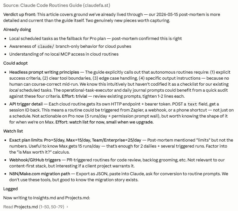 Claude Code chat showing the learning extractor skill output for a Claude Code Routines Guide article. Results are split into three labeled sections: "Already doing" (three bullets about existing practices), "Could adopt" (two bullets on headless prompt principles and API trigger details), and "Watch list" (two bullets on plan limits and webhook triggers). Claude Code chat showing the learning extractor skill output for a Claude Code Routines Guide article. Results are split into three labeled sections: "Already doing" (three bullets about existing practices), "Could adopt" (two bullets on headless prompt principles and API trigger details), and "Watch list" (two bullets on plan limits and webhook triggers).