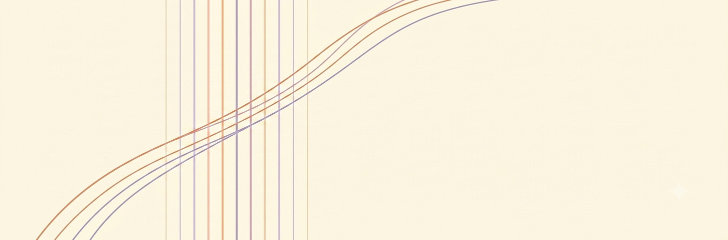 A high-contrast, light-mode 2D vector illustration on an off-white canvas. A grouping of thin, delicate parallel wave lines in terracotta orange and muted lilac sweeps dynamically and steeply upward, slicing right through the center of a compact grid of thin vertical lines on the left quadrant, leaving the right half open as expansive whitespace.