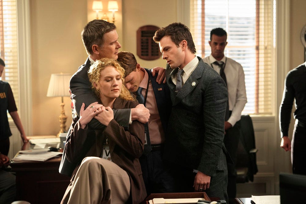 LINE OF FIRE -- "Cabin Pressure" Episode 106 -- Pictured: (l-r) Mike, Clare, Russ and Micah hugging and worried about Jane LINE OF FIRE -- "Cabin Pressure" Episode 106 -- Pictured: (l-r) Mike, Clare, Russ and Micah hugging and worried about Jane