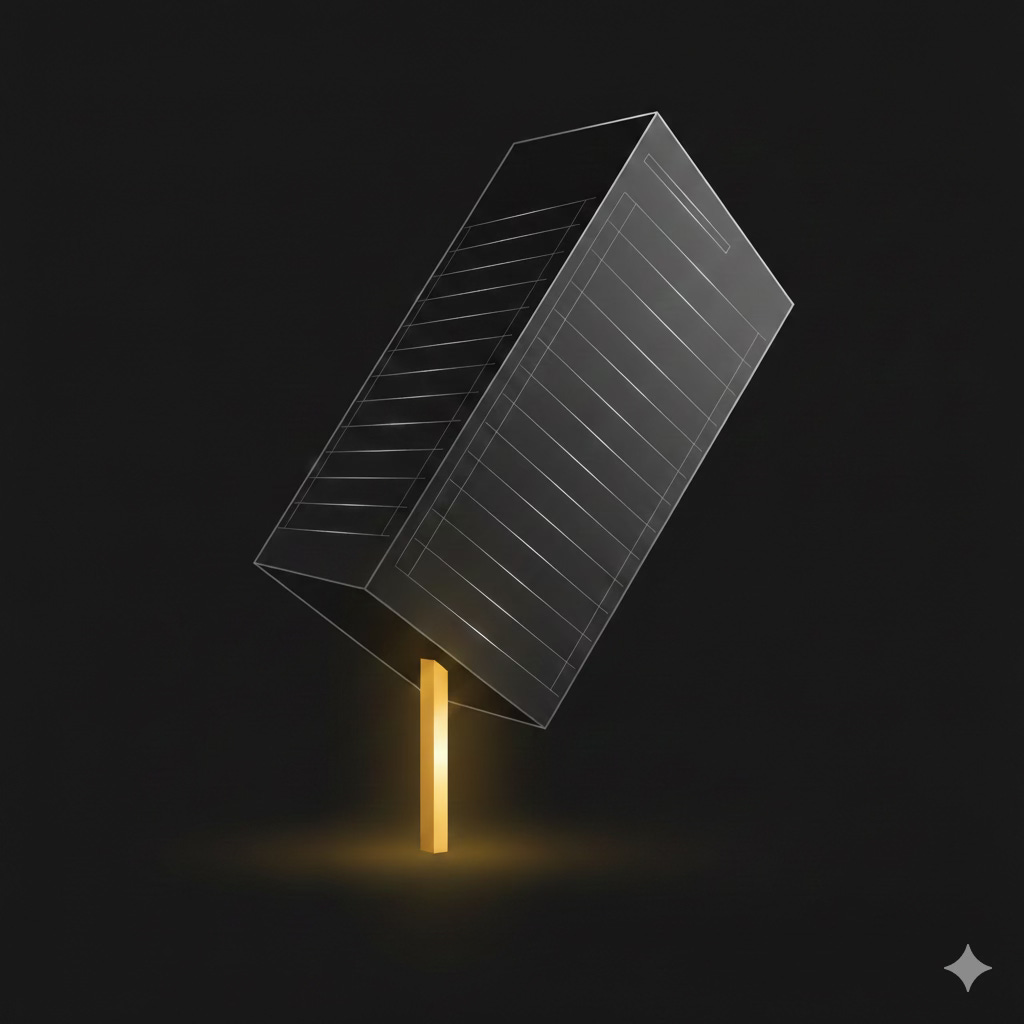 A minimalist digital illustration on a dark background. A large, heavy, dark grey rectangular monolith—resembling a modern office building with faint grid lines—is tilted at a precarious angle. It is balanced entirely on the tip of a single, thin, glowing gold pillar at its base, creating a sense of extreme structural instability and tension.