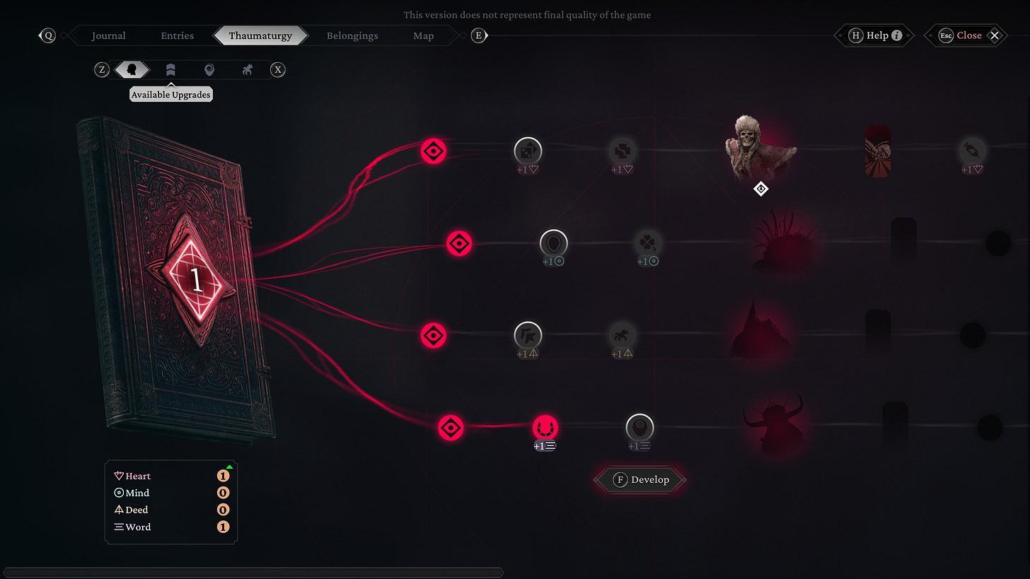 A screenshot of the game The Thaumaturge, showing the Thaumaturgy stat system, a large book emanating four points for development.