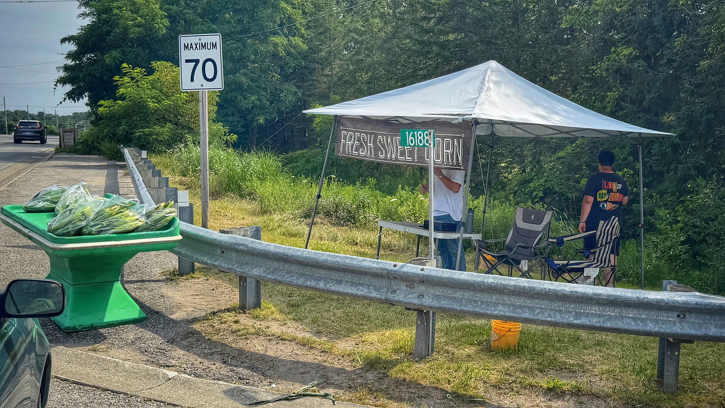 A supermarket-style produce table piled with bags of corn is at the side of the road in front of a guardrail. Beyond the guardrail there's a canopy-style tent with a sign that reads, "Fresh Sweet Corn." There is a small table, two camping chairs and two men under the canopy. A supermarket-style produce table piled with bags of corn is at the side of the road in front of a guardrail. Beyond the guardrail there's a canopy-style tent with a sign that reads, "Fresh Sweet Corn." There is a small table, two camping chairs and two men under the canopy.