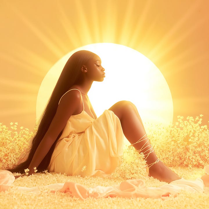A dark-skinned woman with long flowing silk-textured hair on soft ground, a large glowing sun forms a circular backdrop. The woman wears a flowing white silk dress