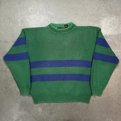 Vintage 90s Eddie Bauer Thick Cotton Heavyweight Striped Sweater Green XL - Picture 1 of 6