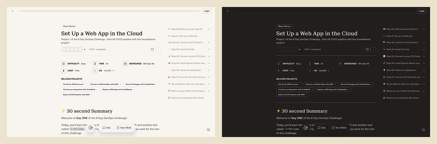 A project page in light mode and dark mode A project page in light mode and dark mode