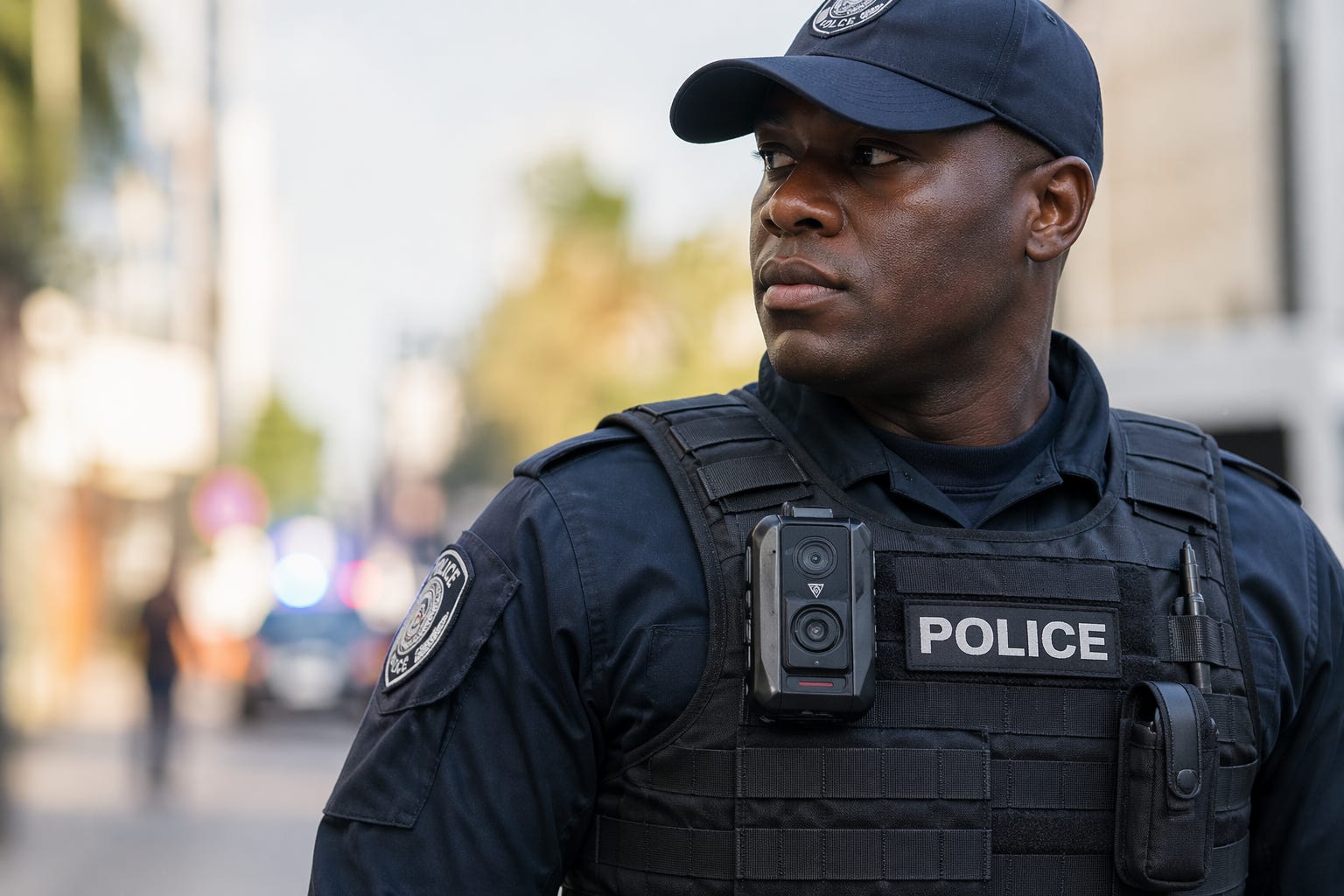 A police officer equipped with a body-worn camera stands alert on an urban street, highlighting the growing role of technology in modern policing and public accountability.
