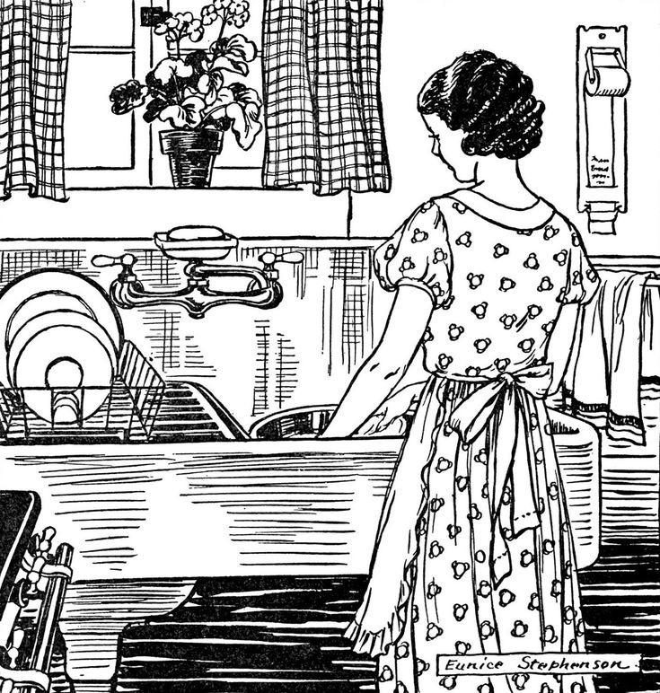 This may contain: a woman standing in front of a sink with the words washing dishes written on it