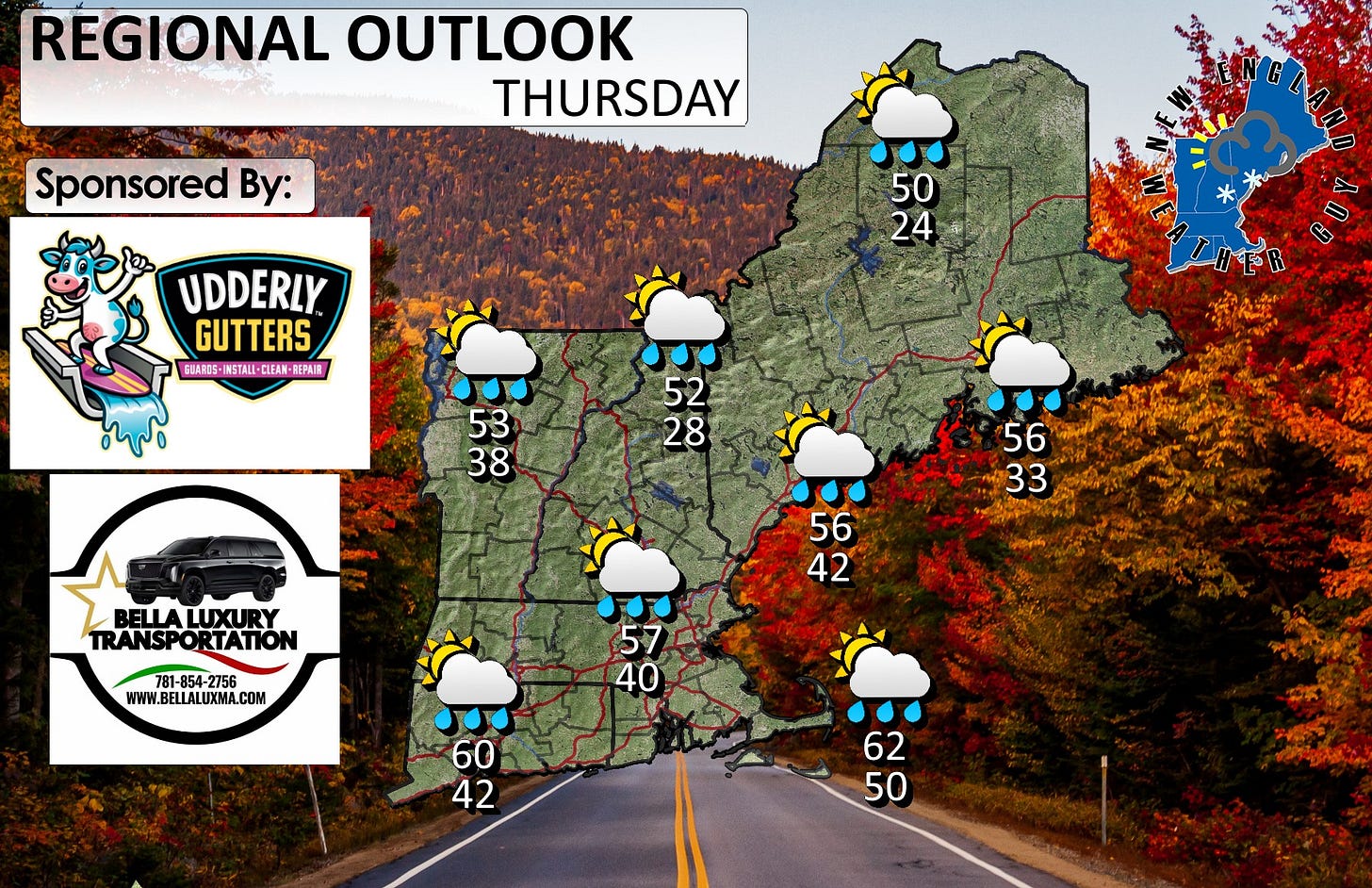May be an image of map, road and text that says 'REGIONAL OUTLOOK THURSDAY Sponsored By: 50 24 UDDERLY GUTTERS GUARSS IMSTALL -CLE CLEAN EPAIR 53 38 52 28 56 33 BELLALUXURY LUXUR BELLA TRANSPORTATION RTATION 56 42 781-854-2756 4-2756 WWW.BELLALUXMA.COM 57 40 60 42 62 50 หหิ カラッスタンン'