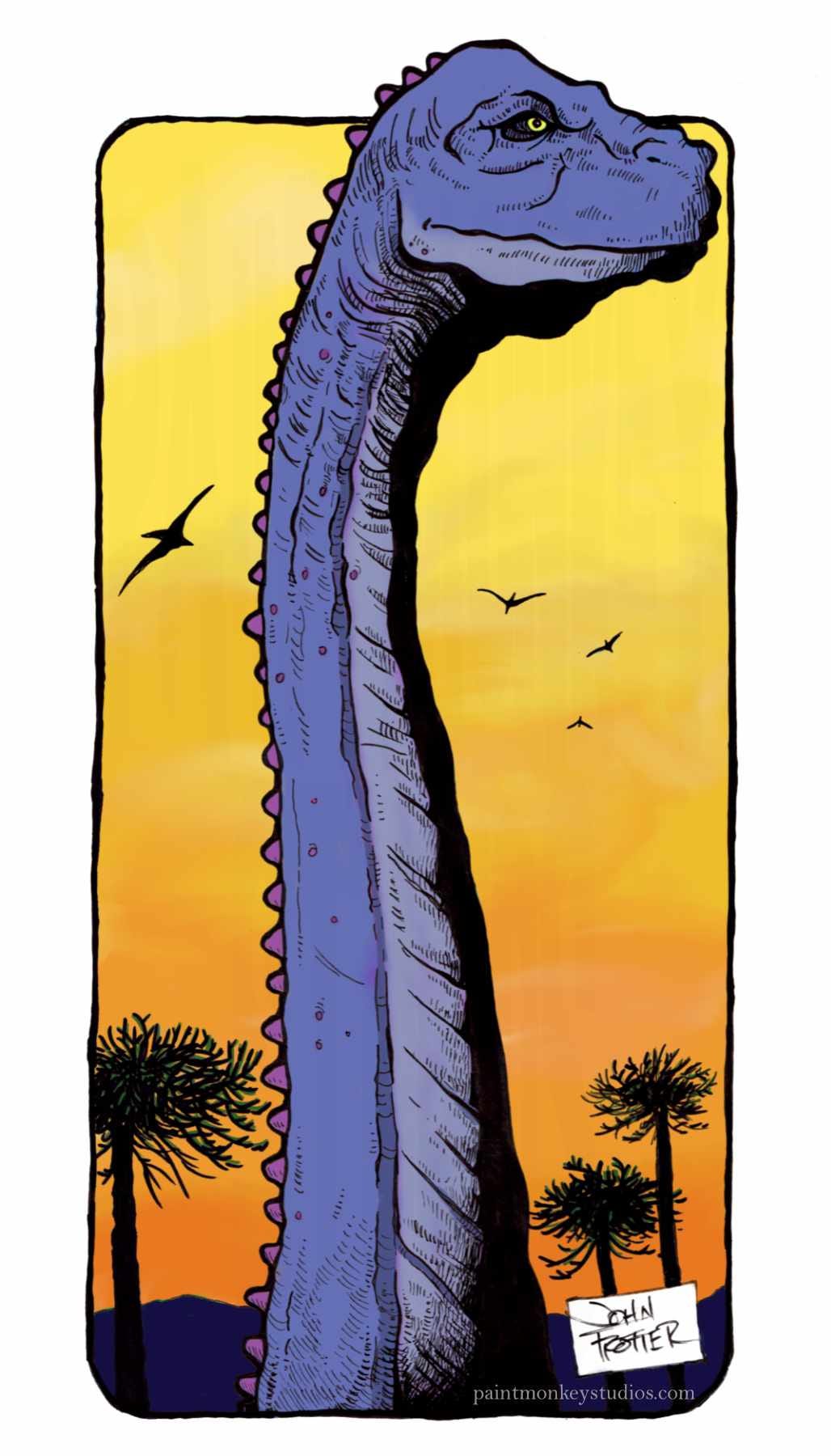 Ink and digital drawing of the neck and head of the titanosaur Alamosaurus rising above the trees with pterosaurs flying in the background.