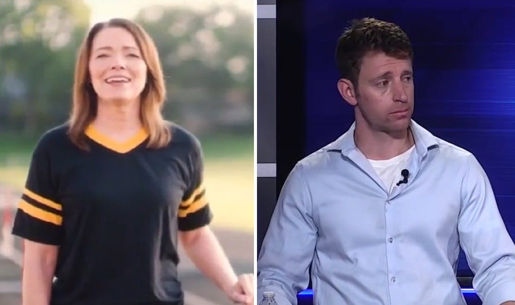 video screenshots of congressional candidates Chirstina Bohannan in a campaign ad and Sam Forstag in a tv studio debate. Bohannan wears a clean black running shirt with yellow stripes, her brown hair is worn loose; she stands on an outdoor track in soft sunlight, one hand resting on a hurdle. Forstag is deliberately underdressed for a formal debate, strategically dishevelled in a blue dress shirt with partly rolled sleeves, no tie, and the top button open to show his white t-shirt underneath. His hair is slightly mussed, and he has just a hint of five o'clock shadow. He looks off to his left in apparent disbelief of a bigoted comment by his Republican opponent. (Original shot was splitscreen view of both men)