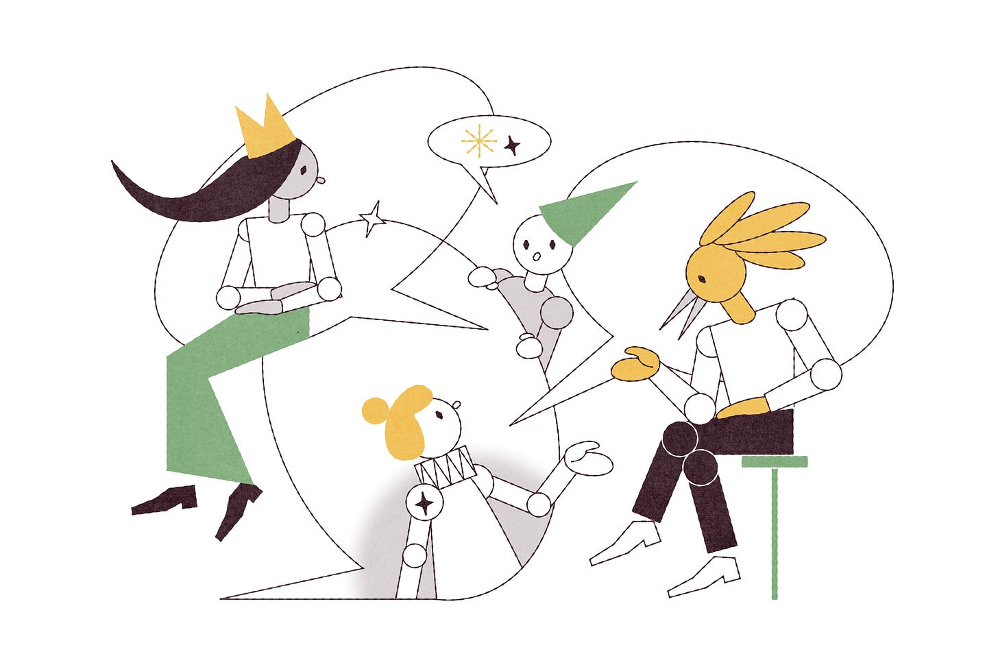 An illustration of four people in green and yellow popping in and out of giant speech bubbles, having an animated conversation