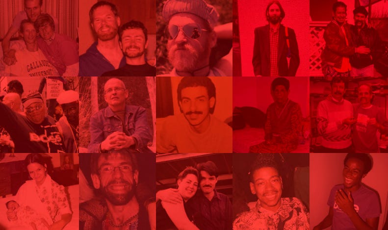 A collage of people's faces, most smiling and laughing. They are a variety of races and ages. Most are young men, but there are a few women.
